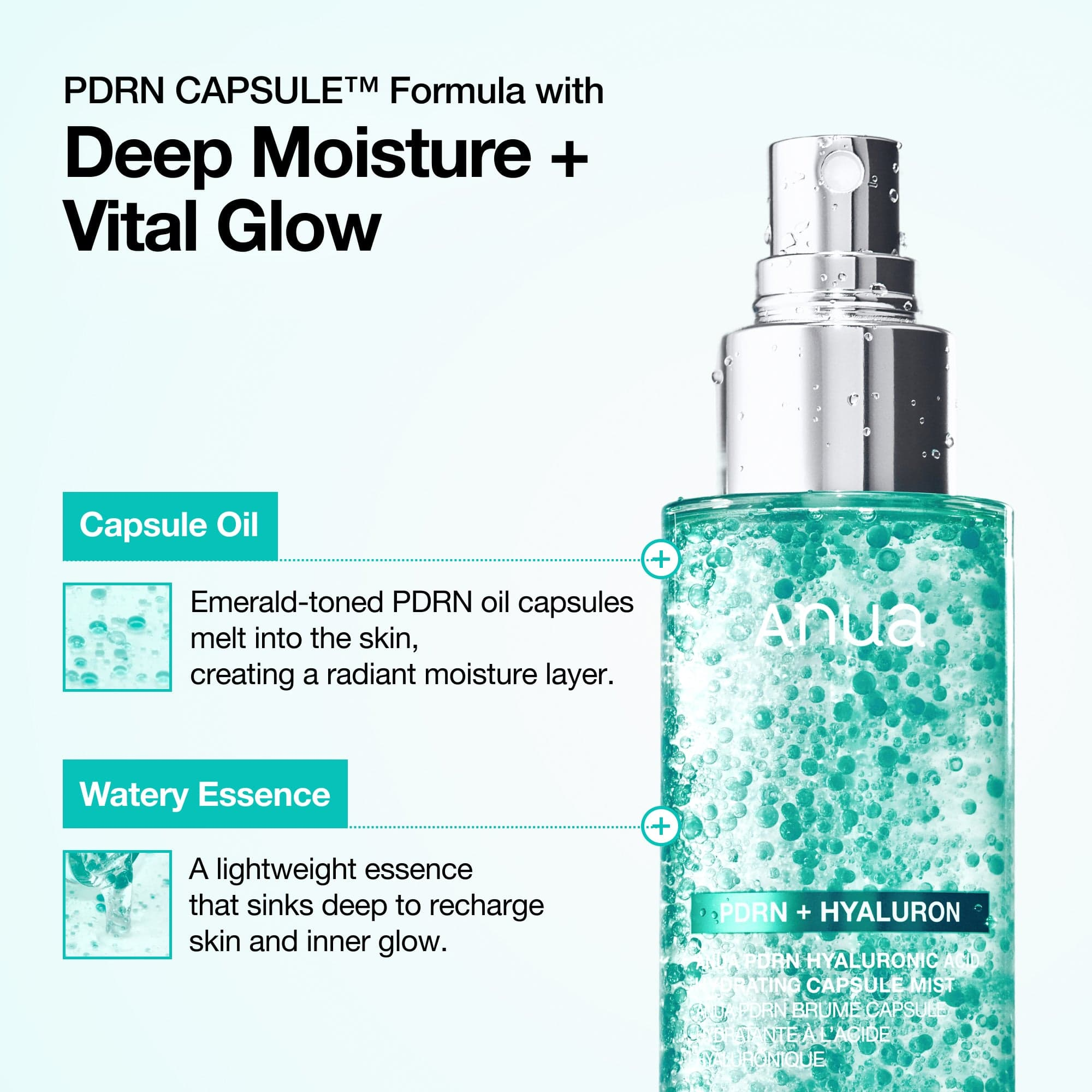Anua PDRN Capsule Mist bottle with close up of capsule oil beads and watery essence texture