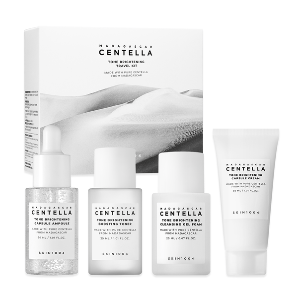 SKIN1004 Madagascar Centella Tone Brightening Travel Kit box with cleansing gel foam, toner, ampoule and cream