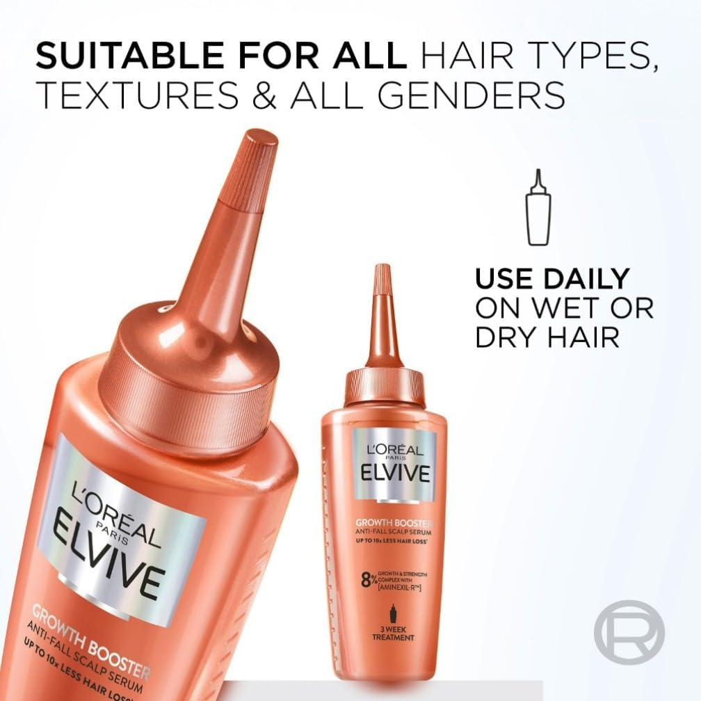 Elvive Growth Booster scalp serum bottle with usage instructions for all hair types and daily application