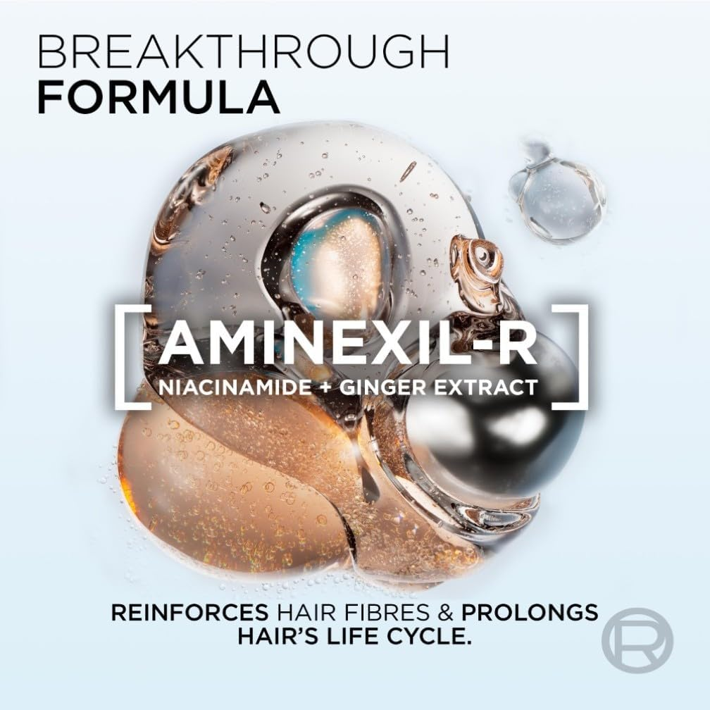 Aminexil-R breakthrough formula graphic showing niacinamide and ginger extract for Elvive Growth Booster serum