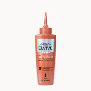 L'Oréal Elvive Growth Booster Anti Fall Scalp Serum bottle on cream background