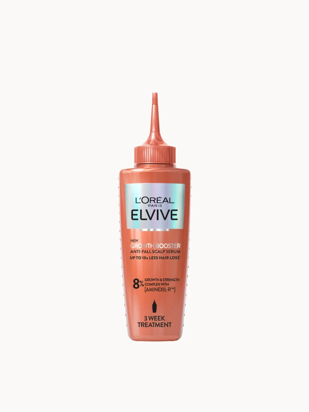 L'Oréal Elvive Growth Booster Anti Fall Scalp Serum bottle on cream background